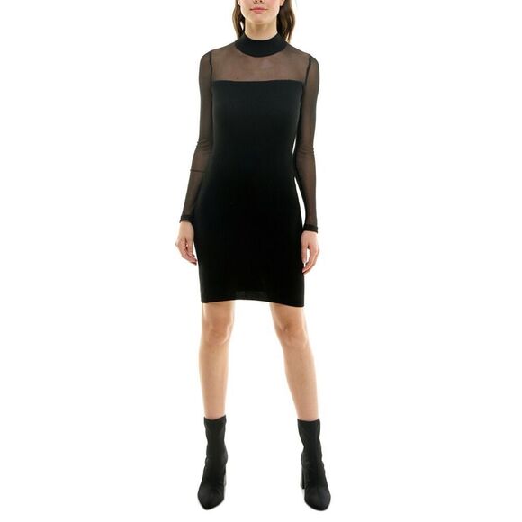 Crave Fame Juniors' Illusion Mock Neck Bodycon Sweater Dress - Black Size S - Picture 1 of 3